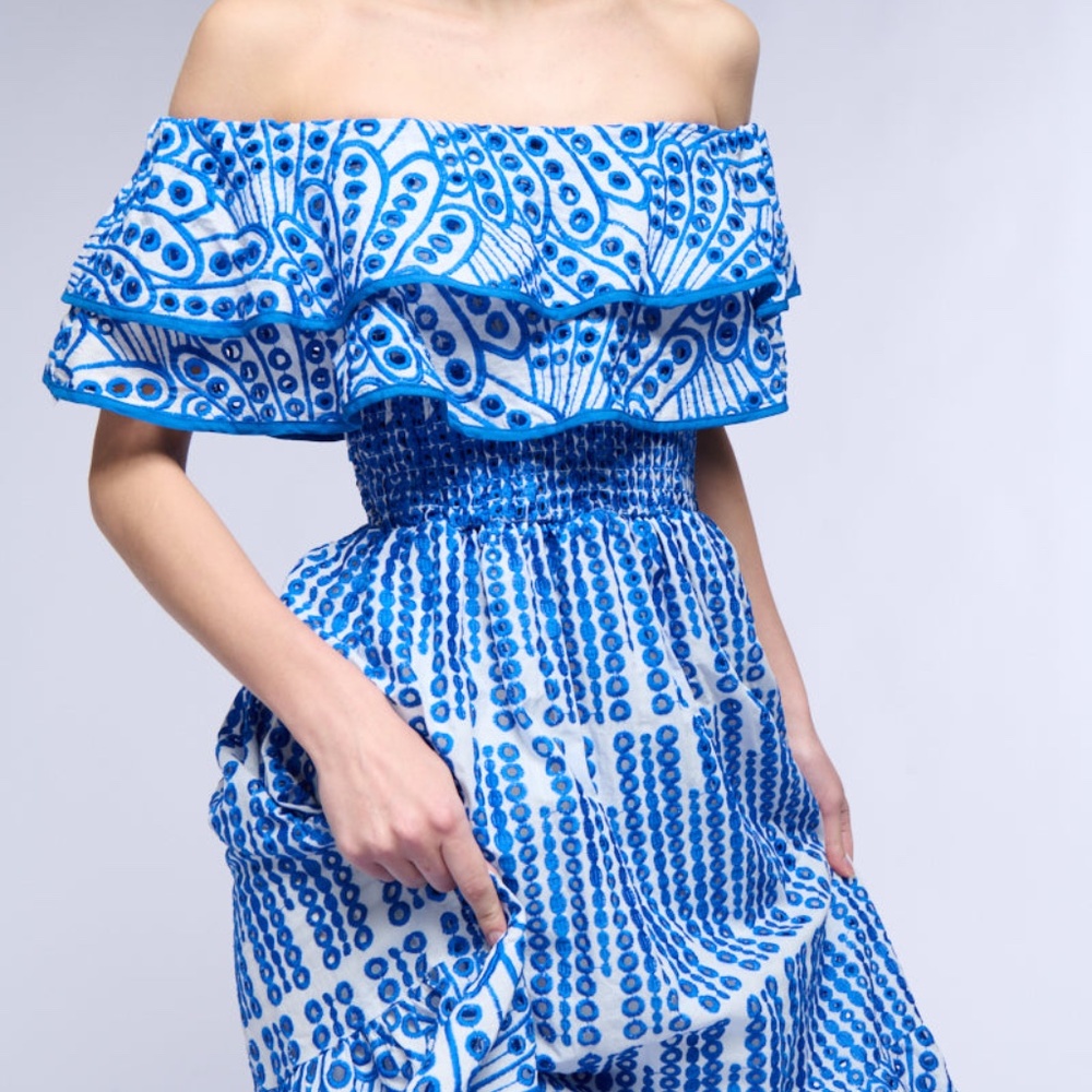 Akira, Gorgeous Blue And White, Eyelet, Embroidered Ruffled Maxi Dress, Size L - Picture 6 of 6